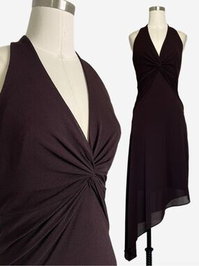 Vintage Y2K Cache Chocolate brown asymmetric halter midi dress stretchy S/M